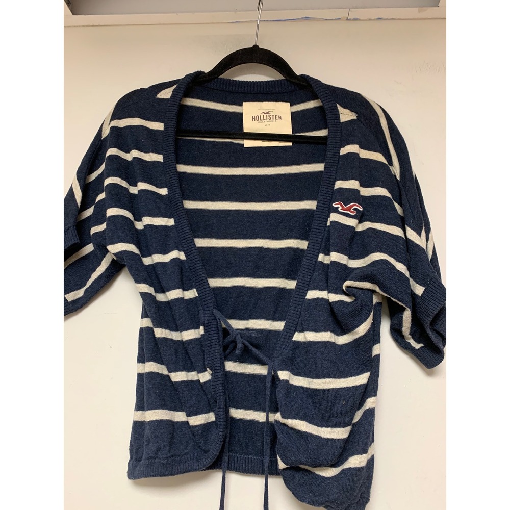 Hollister Cardigan Womens Small Navy Blue Excellent Striped Tie Front Short